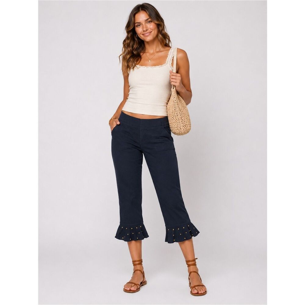 INC International Concepts Solid Black Cropped Ruffle-Hem Pants with Studs 8P